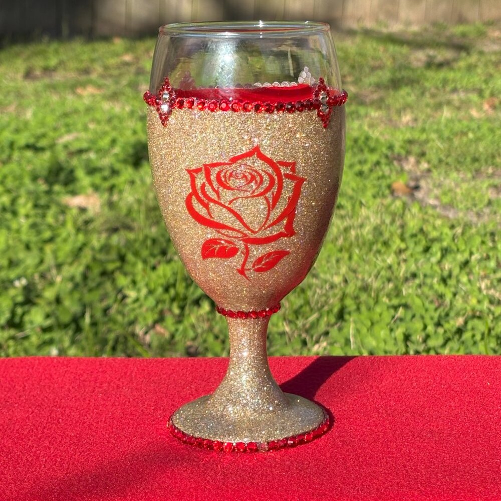 Rose Elegant Formal Dinner Party Water Drinking Glass 16oz Red/Gold